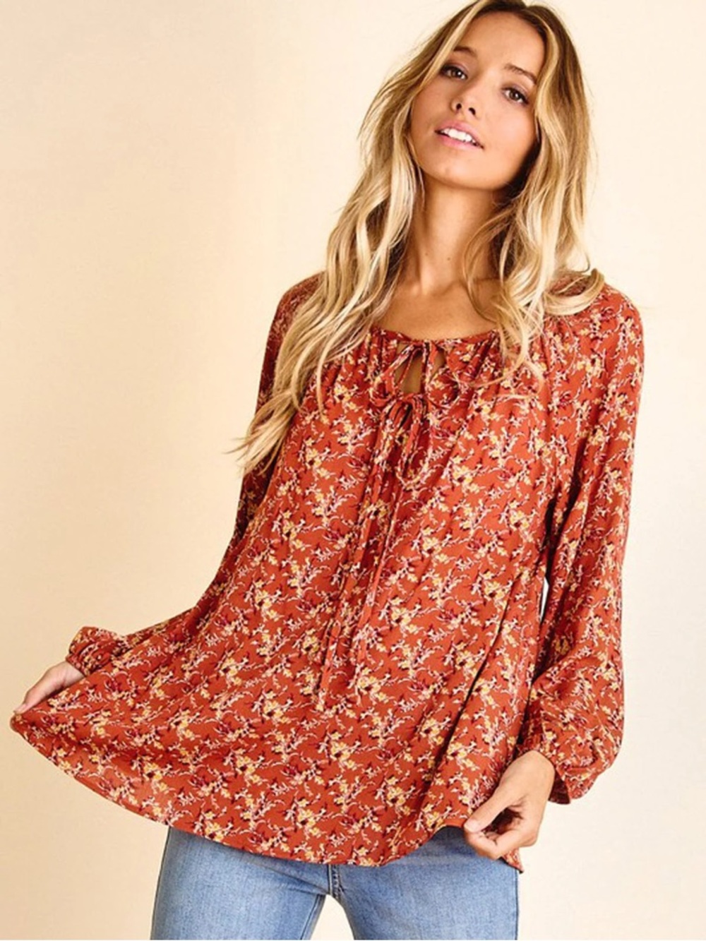 Orange Floral Peasant Top